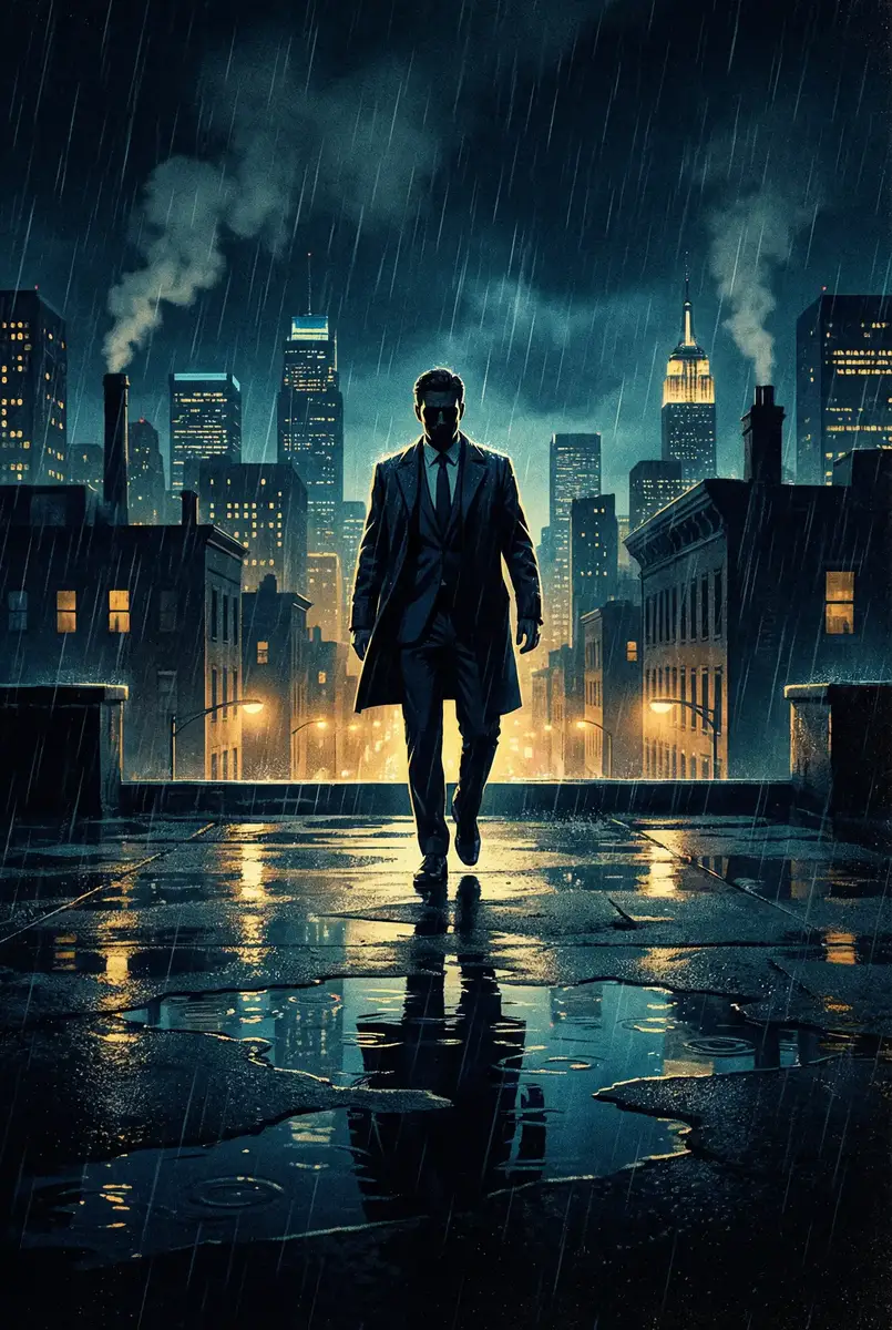 柚木提娜 护士 出品影片《雨夜独行者》海报，雨中城市屋顶男性剪影